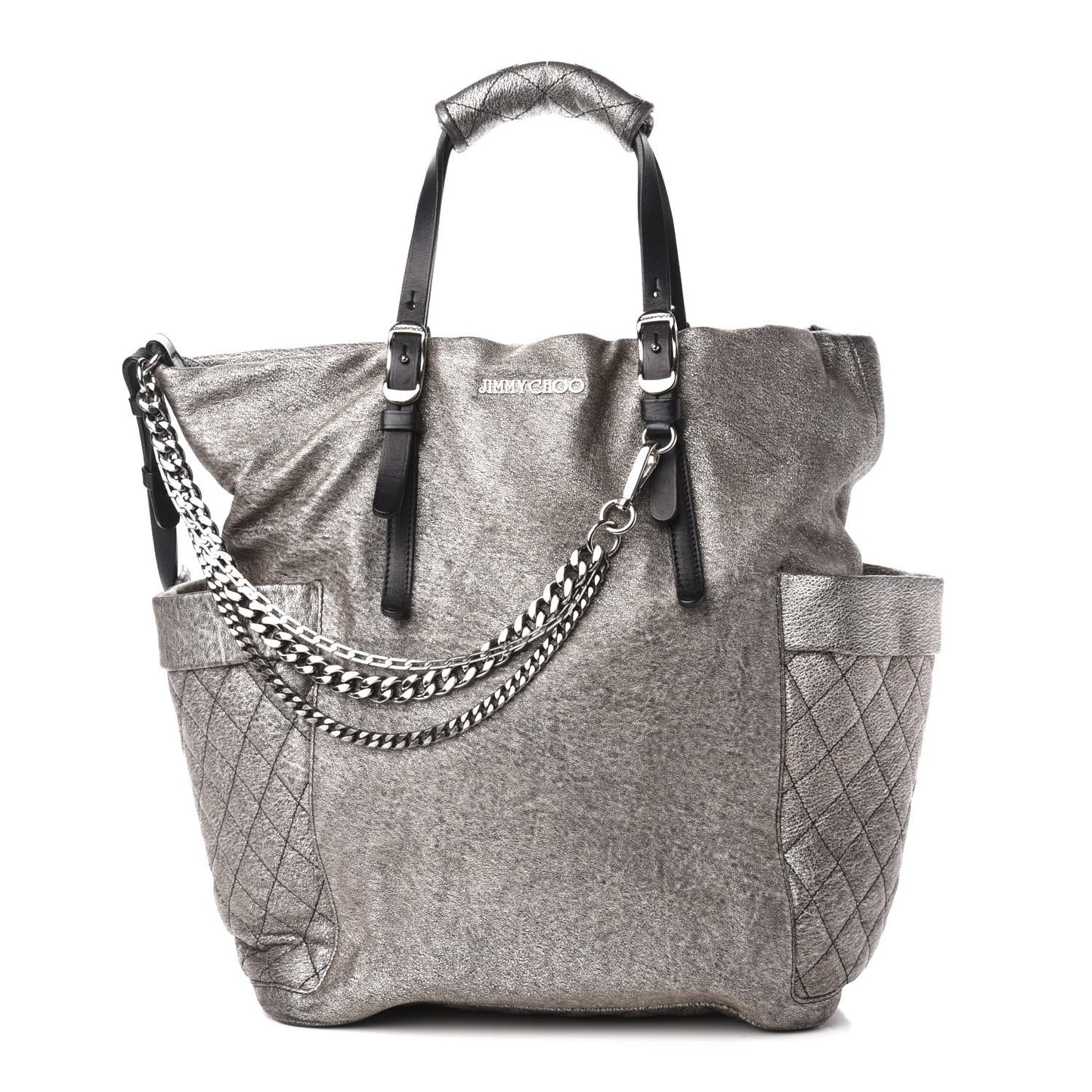 Metallic Lambskin Chain Embellished Blare Tote Silver