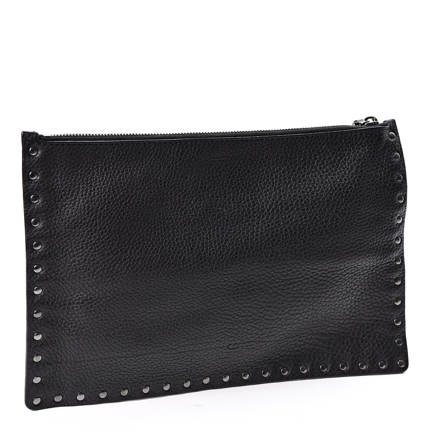 Pebbled Calfskin Large Rockstud Zip Pouch Black