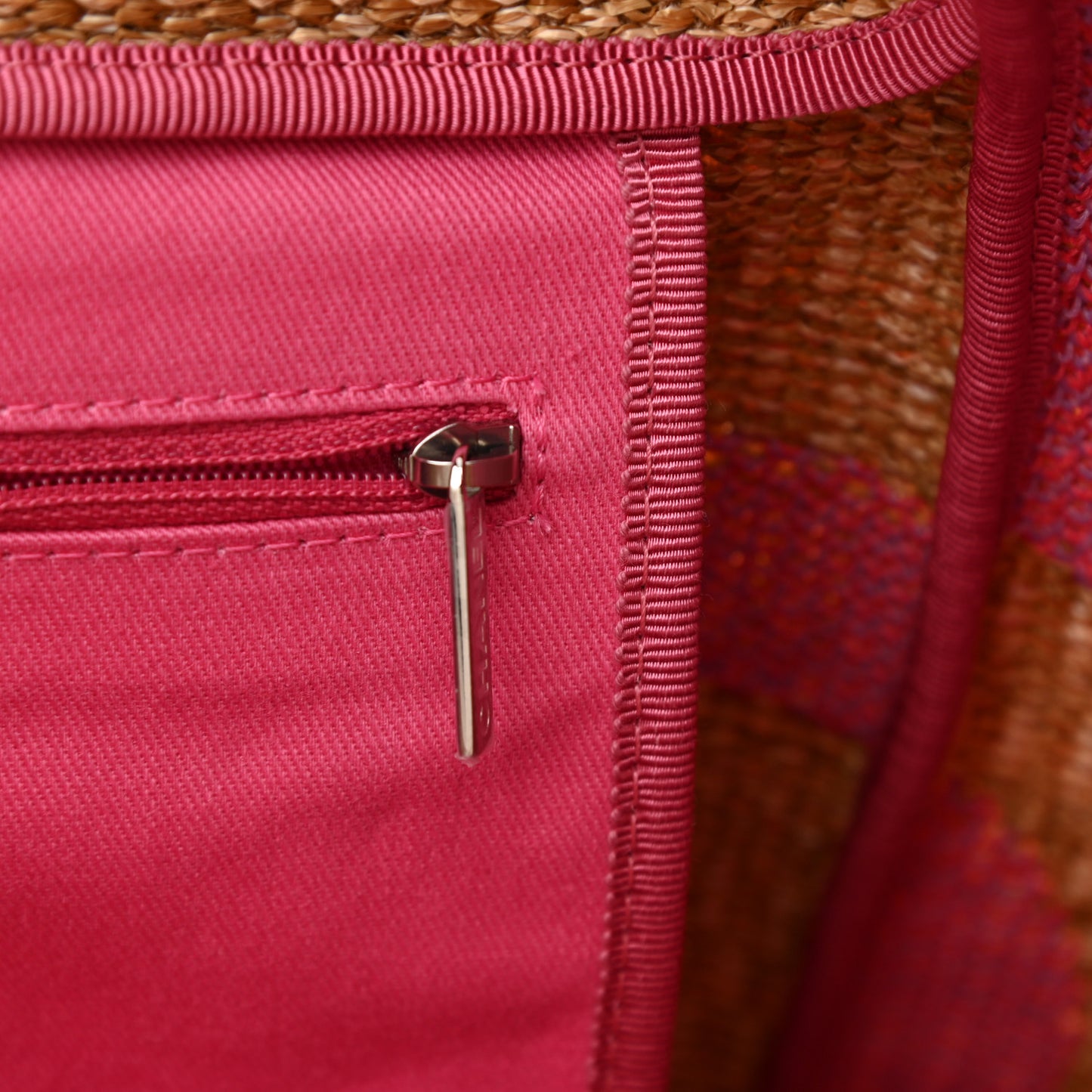 Woven Straw Raffia Logo Tote Pink Beige