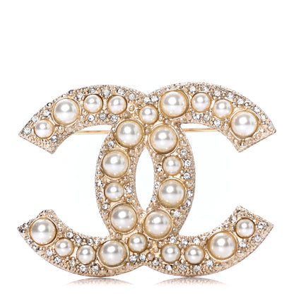 Chanel Pearl Crystal CC Brooch Gold 1 of 4