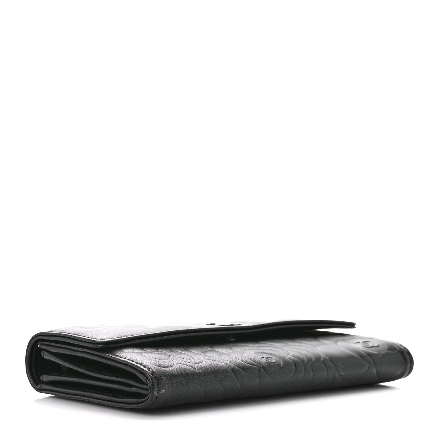 Lambskin Camellia Embossed Large Flap Wallet Black