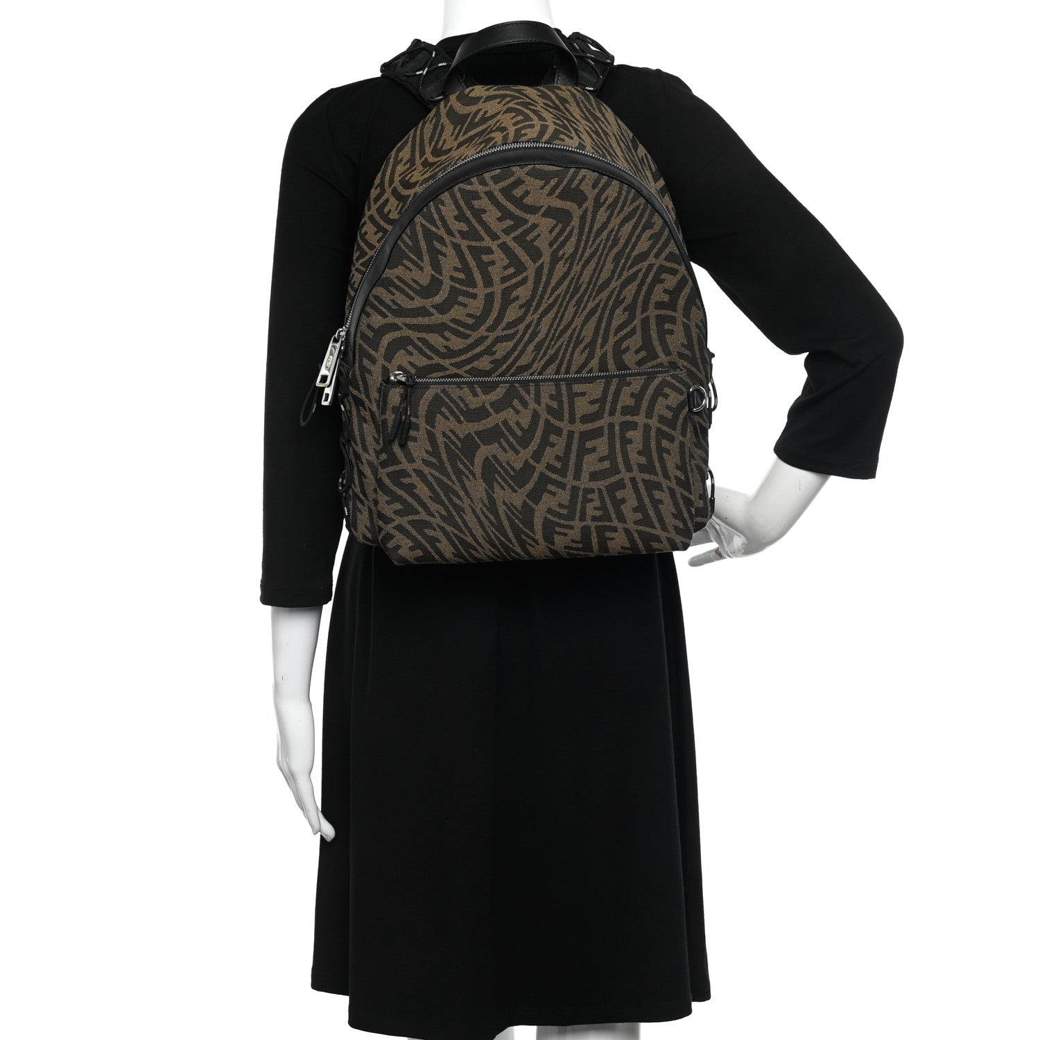 Fendi X SARAH COLEMAN Fabric Jacquard Vitello Grace Light Woven Lanyard FF Vertigo Pouch Pocket Backpack Tobacco Moro Black 2 of 10