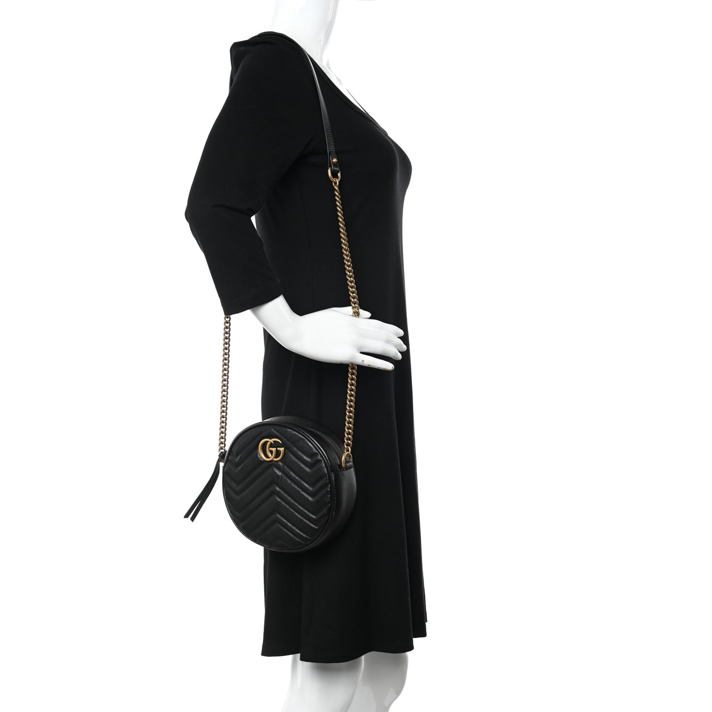 Azalea Calfskin Matelasse Heart Mini GG Marmont Round Shoulder Bag Black