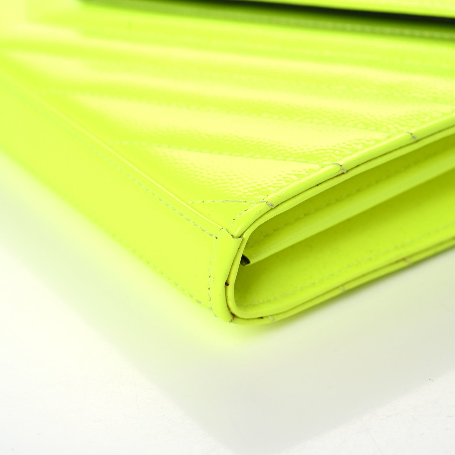 Saint Laurent Patent Grain De Poudre Matelasse Chevron Monogram Chain Wallet Neon Yellow 8 of 15