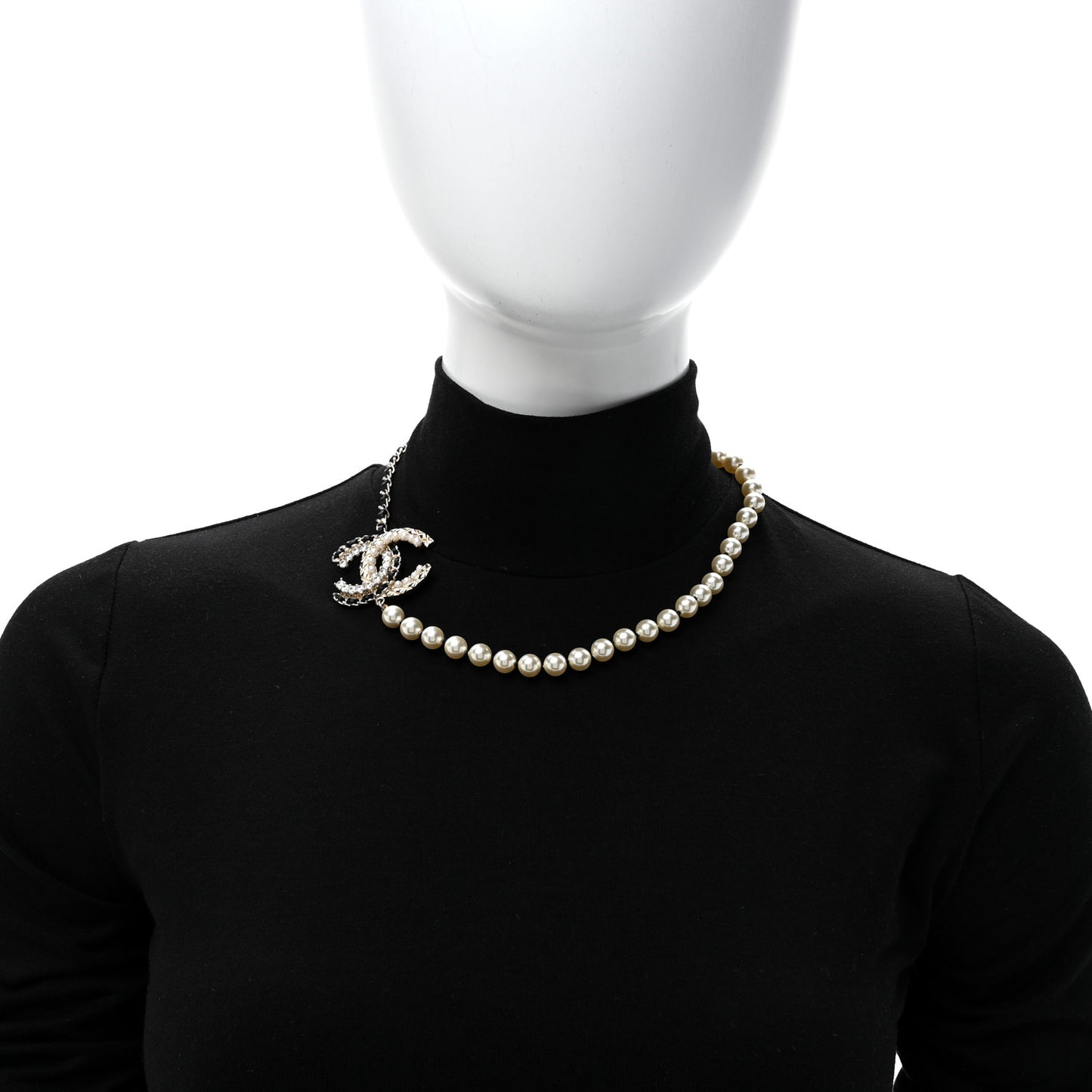 Lambskin Pearl Crystal CC Short Necklace Gold White Black