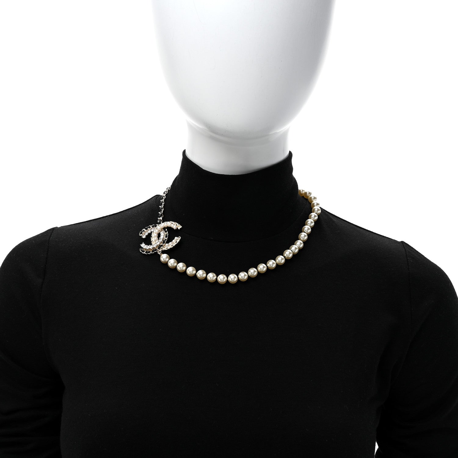 Chanel Lambskin Pearl Crystal CC Short Necklace Gold White Black 2 of 5