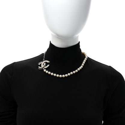 Chanel Lambskin Pearl Crystal CC Short Necklace Gold White Black 2 of 5
