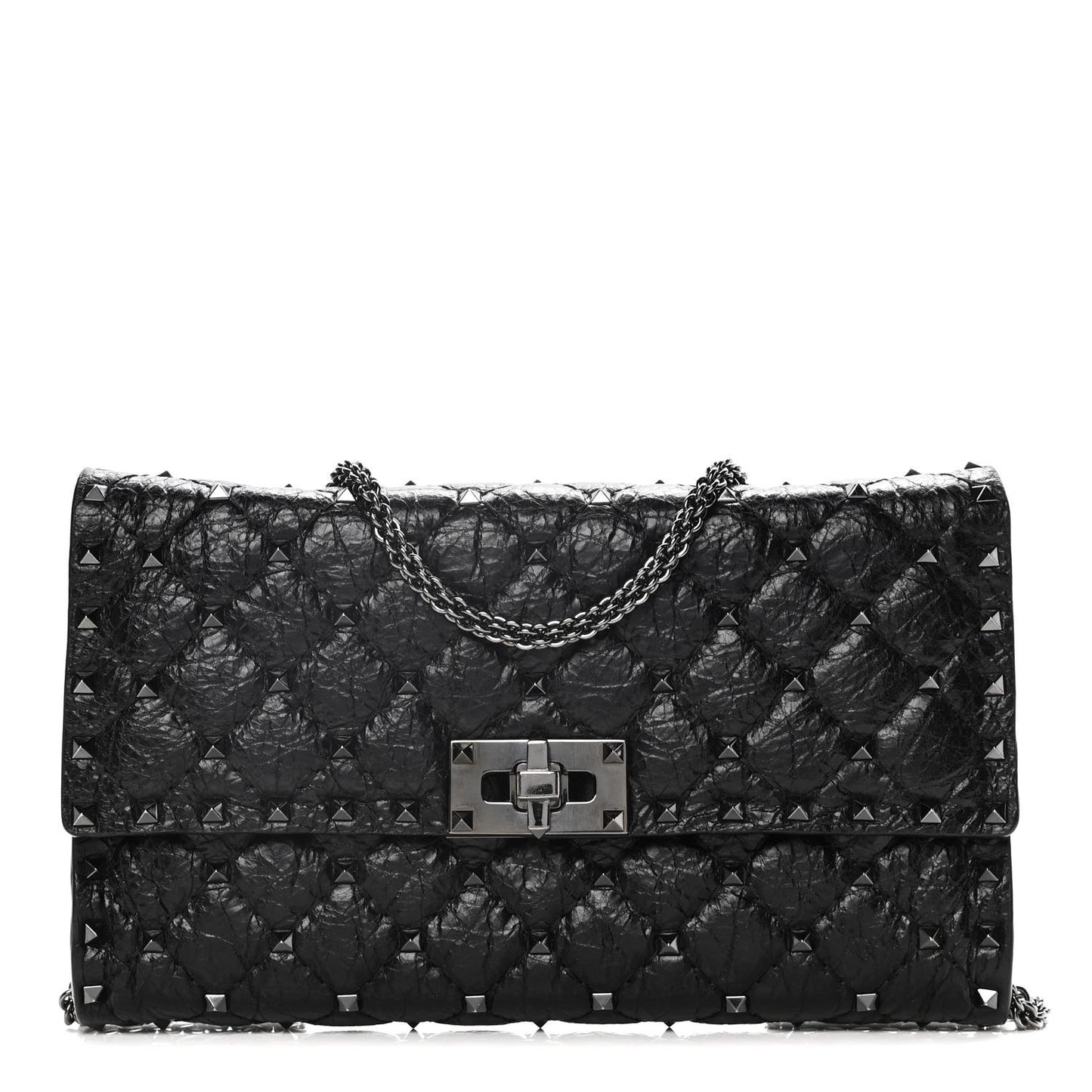 Craquele Nappa Rockstud Spike Wallet on Chain Black