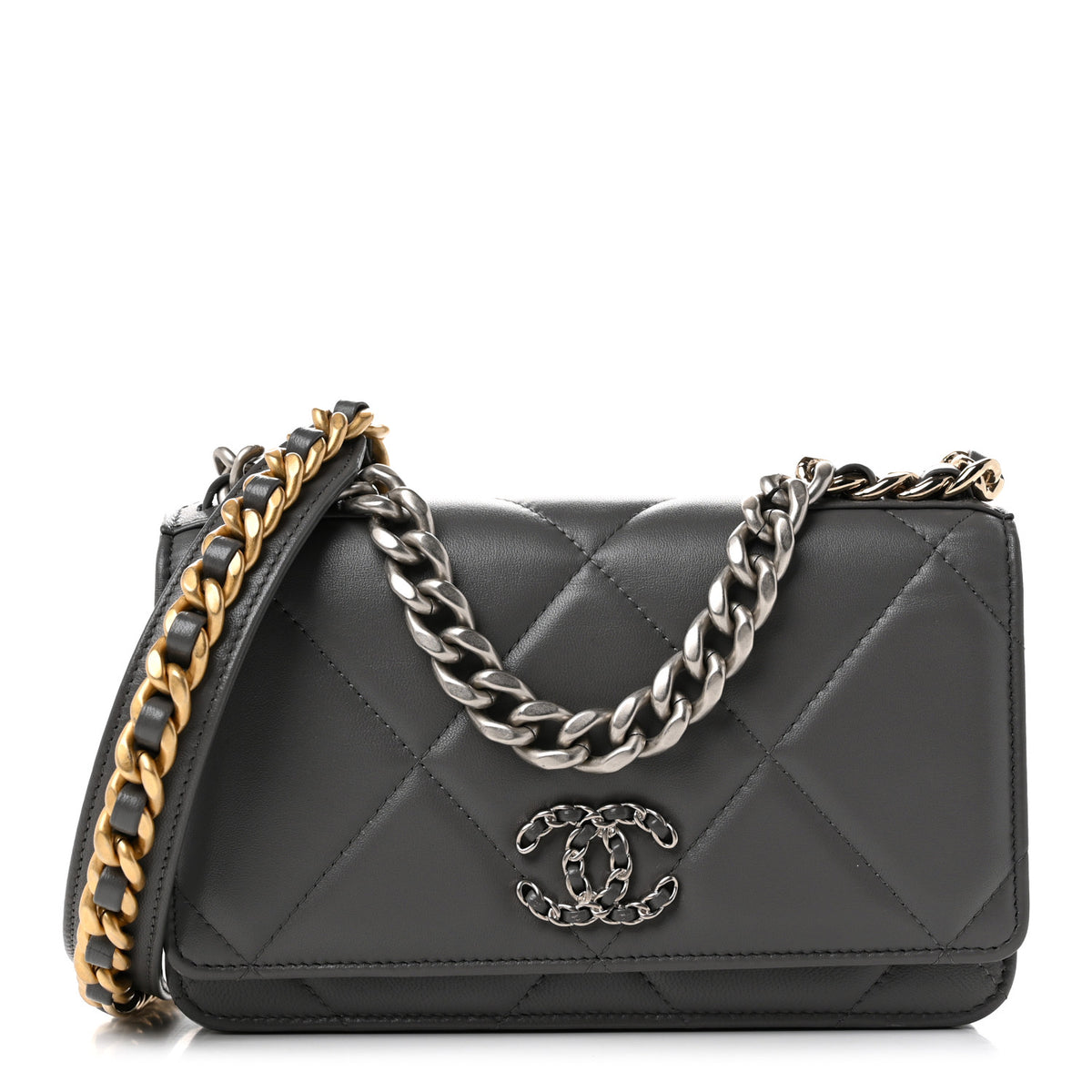 Lambskin Quilted Chanel 19 Wallet On Chain WOC Grey