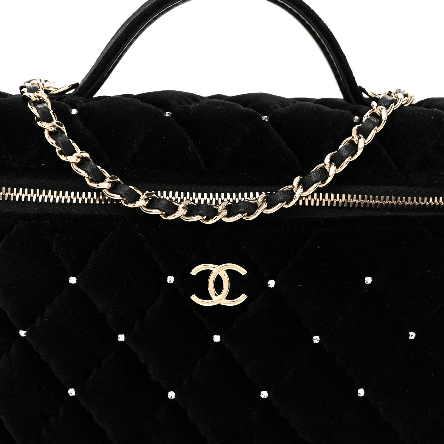 Velvet Diamanté Quilted Top Handle Slim Vanity Case With Chain Black