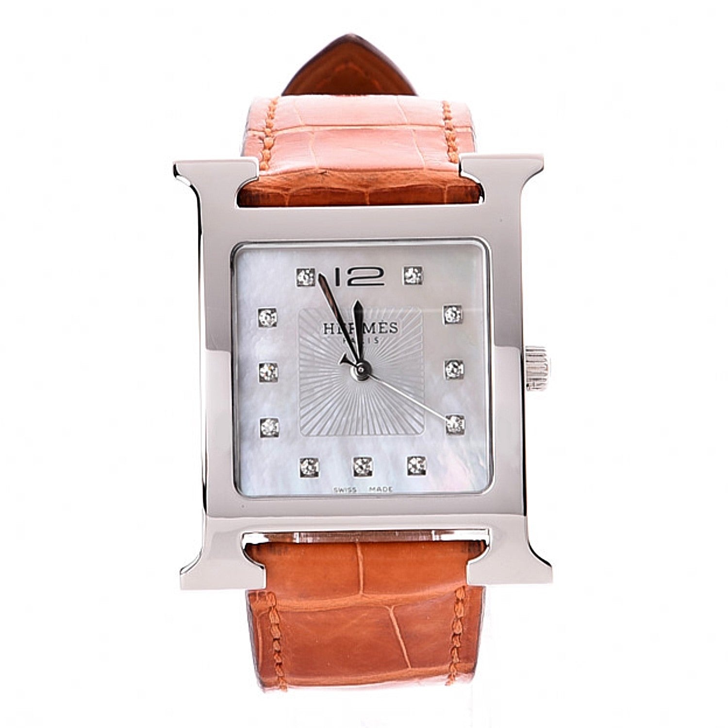 Hermes Sterling Silver Alligator Diamond Mother of Pearl 30.5mm Heure H Hour Quartz Watch Orange 1 of 13
