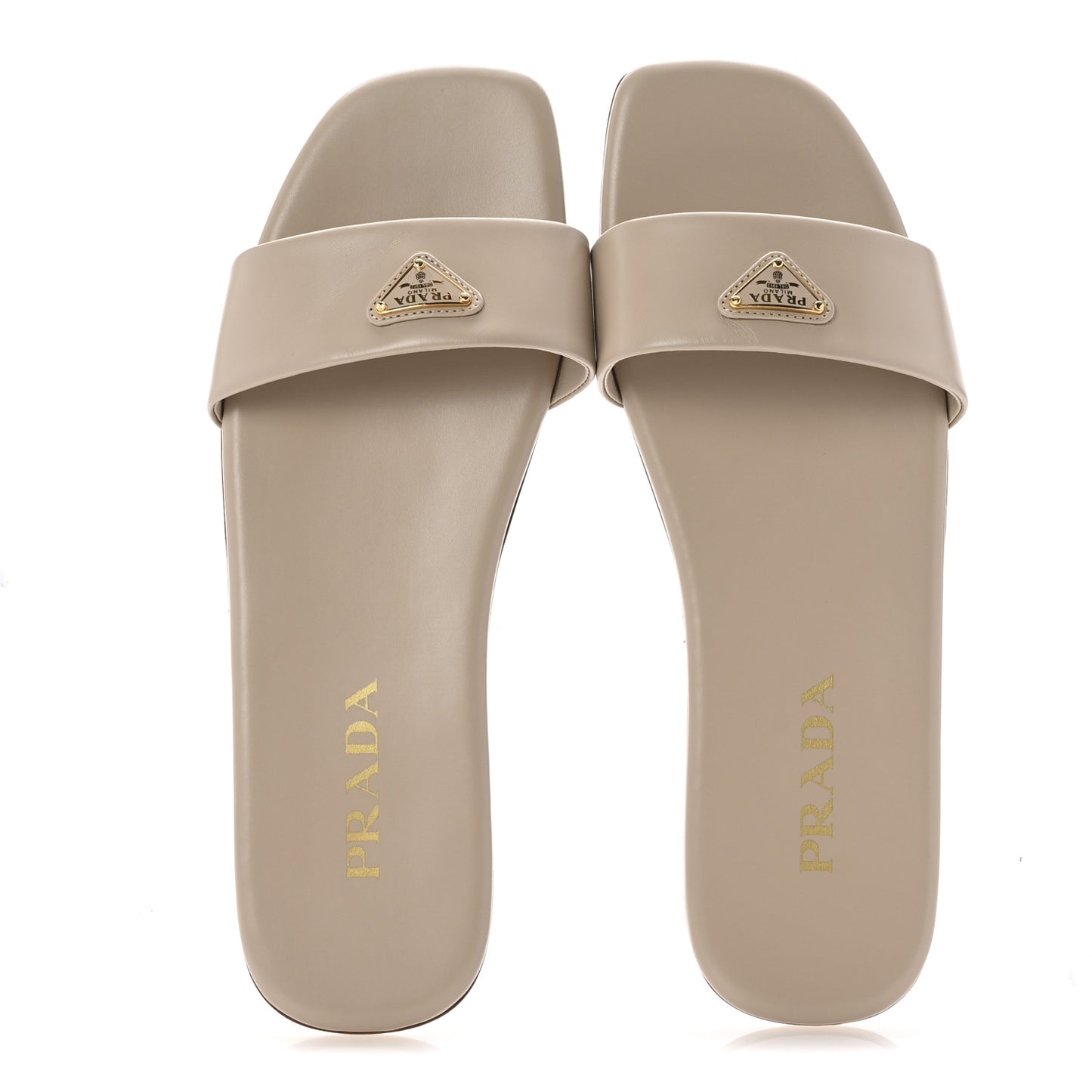 Nappa Metal Triangle Logo Flat Slide Sandals 39 Travertino