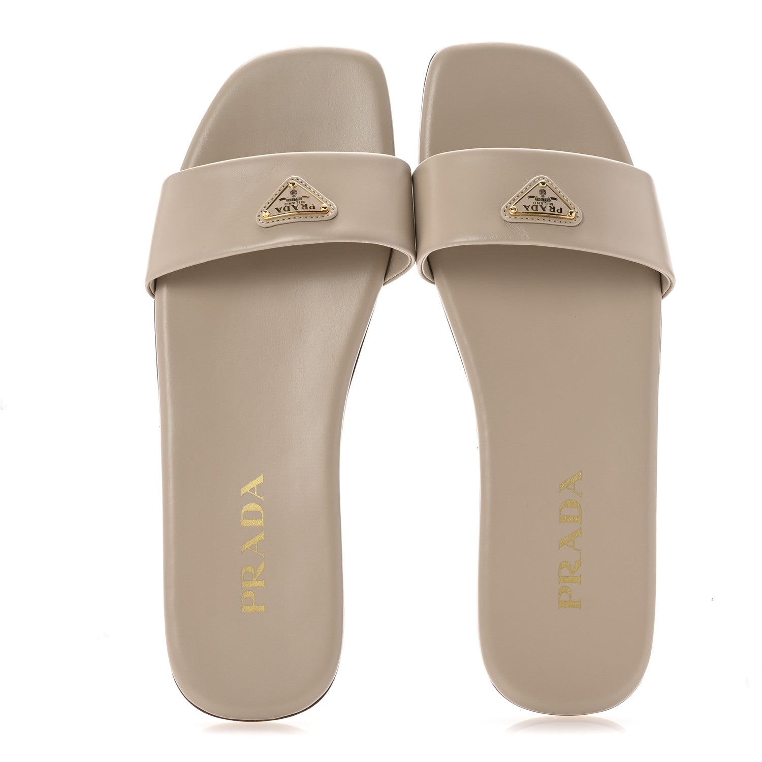 Prada Nappa Metal Triangle Logo Flat Slide Sandals 39 Travertino 2 of 9