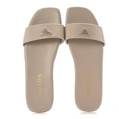 Prada Nappa Metal Triangle Logo Flat Slide Sandals 39 Travertino 2 of 9