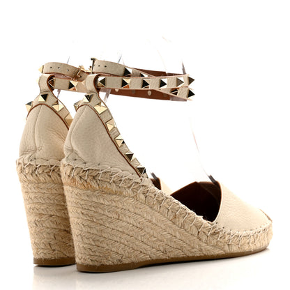 Valentino Garavani Grained Calfskin Rockstud Ankle Wrap Espadrille 15/85mm Wedges 37 Light Ivory 4 of 8