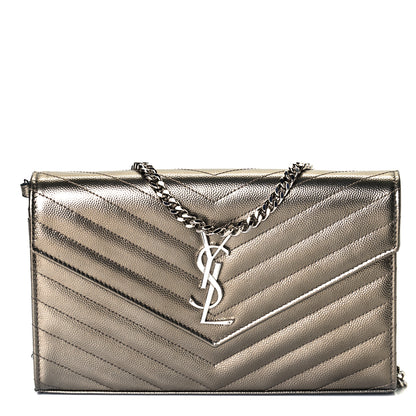 Saint Laurent Metallic Grain De Poudre Matelasse Chevron Monogram Chain Wallet Piombo 1 of 9
