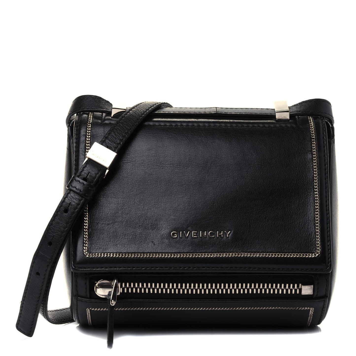 Calfskin Chain Detail Mini Pandora Box Crossbody Bag Black
