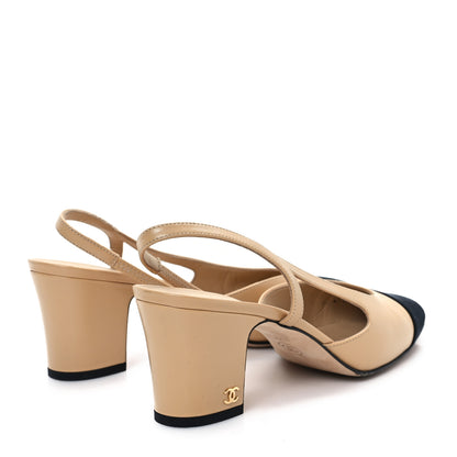 Chanel Goatskin Grosgrain Cap Toe CC Slingback Pumps 38 Beige Black 5 of 11