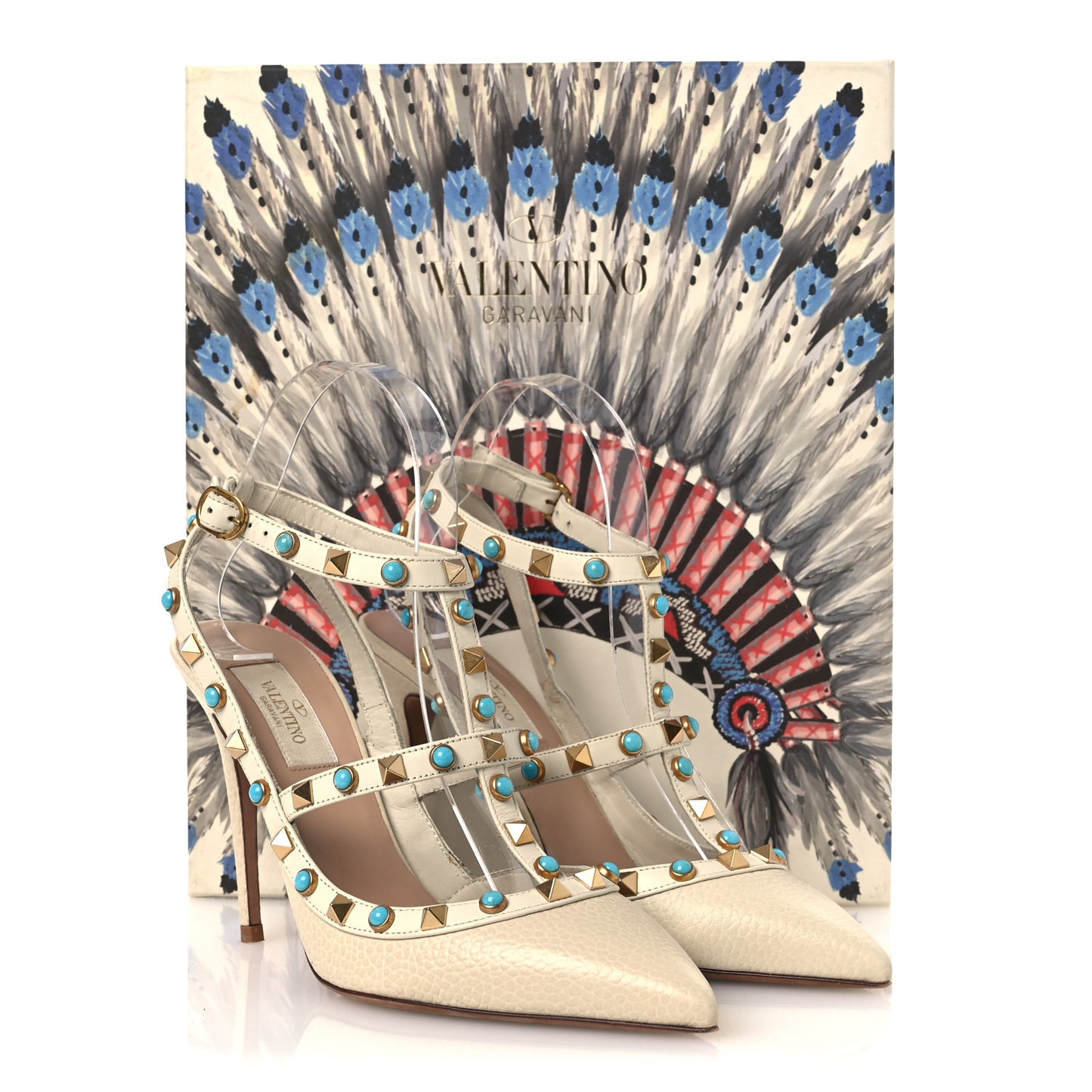 Pebbled Calfskin Turquoise Rockstud Rolling Ankle Strap 100mm Pumps 37.5 Ivory