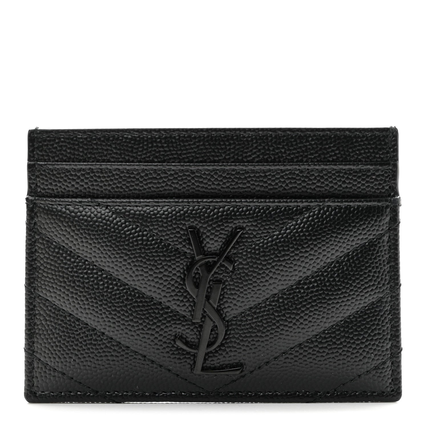 Saint Laurent Grain De Poudre Matelasse Chevron Monochrome Monogram Credit Card Case Black 1 of 8