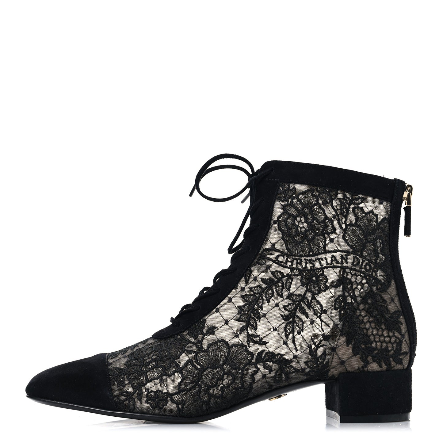 Suede Transparent Mesh Embroidered Roses Naughtily-D Heeled Lace Up Ankle Boots 39.5 Black