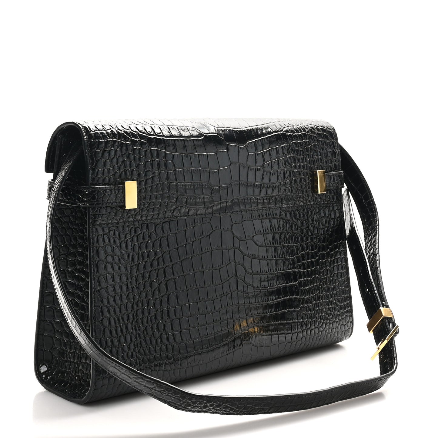 Shiny Calfskin Crocodile Embossed Manhattan Baguette Black