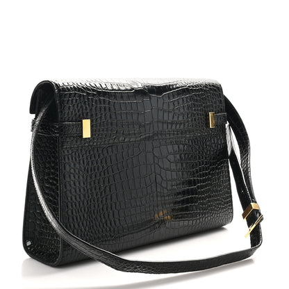 Saint Laurent Shiny Calfskin Crocodile Embossed Manhattan Baguette Black 3 of 10