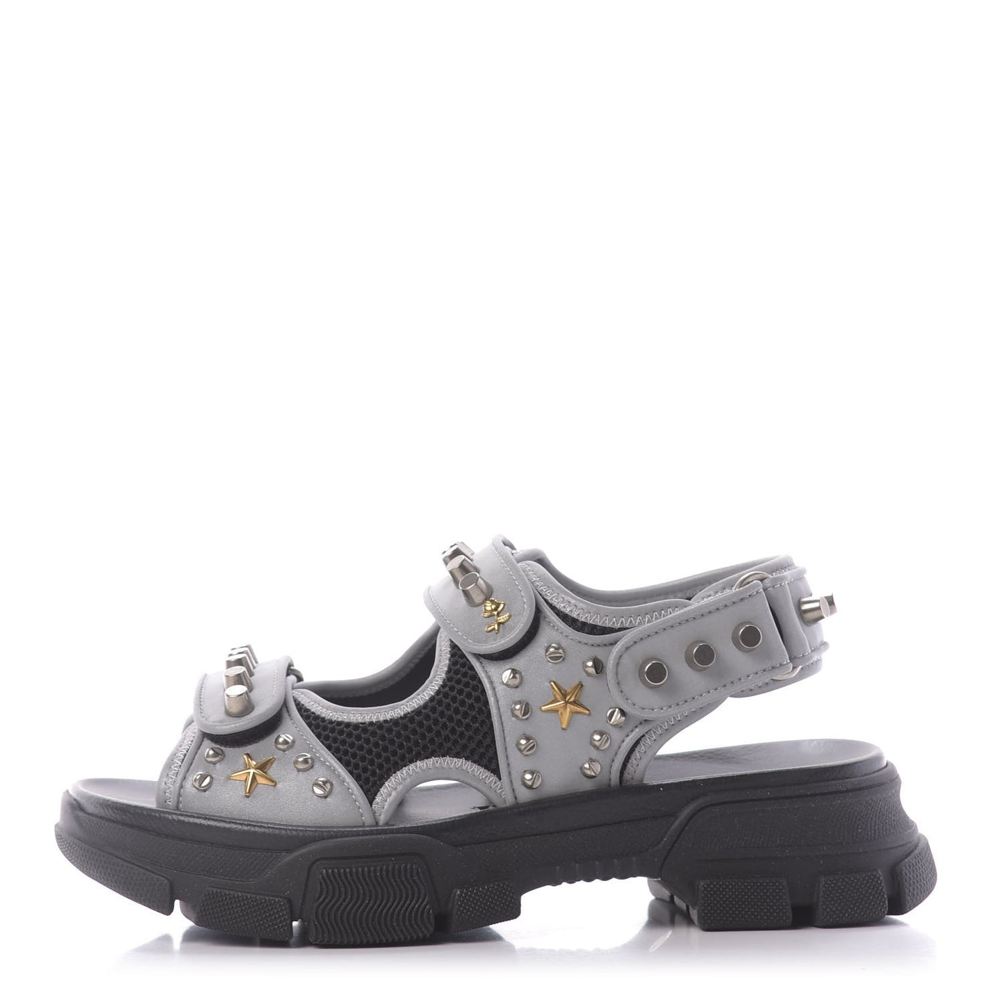Technical Canvas Calfskin Reflective Studded Mens Aguru Sandals 6 Silver Black