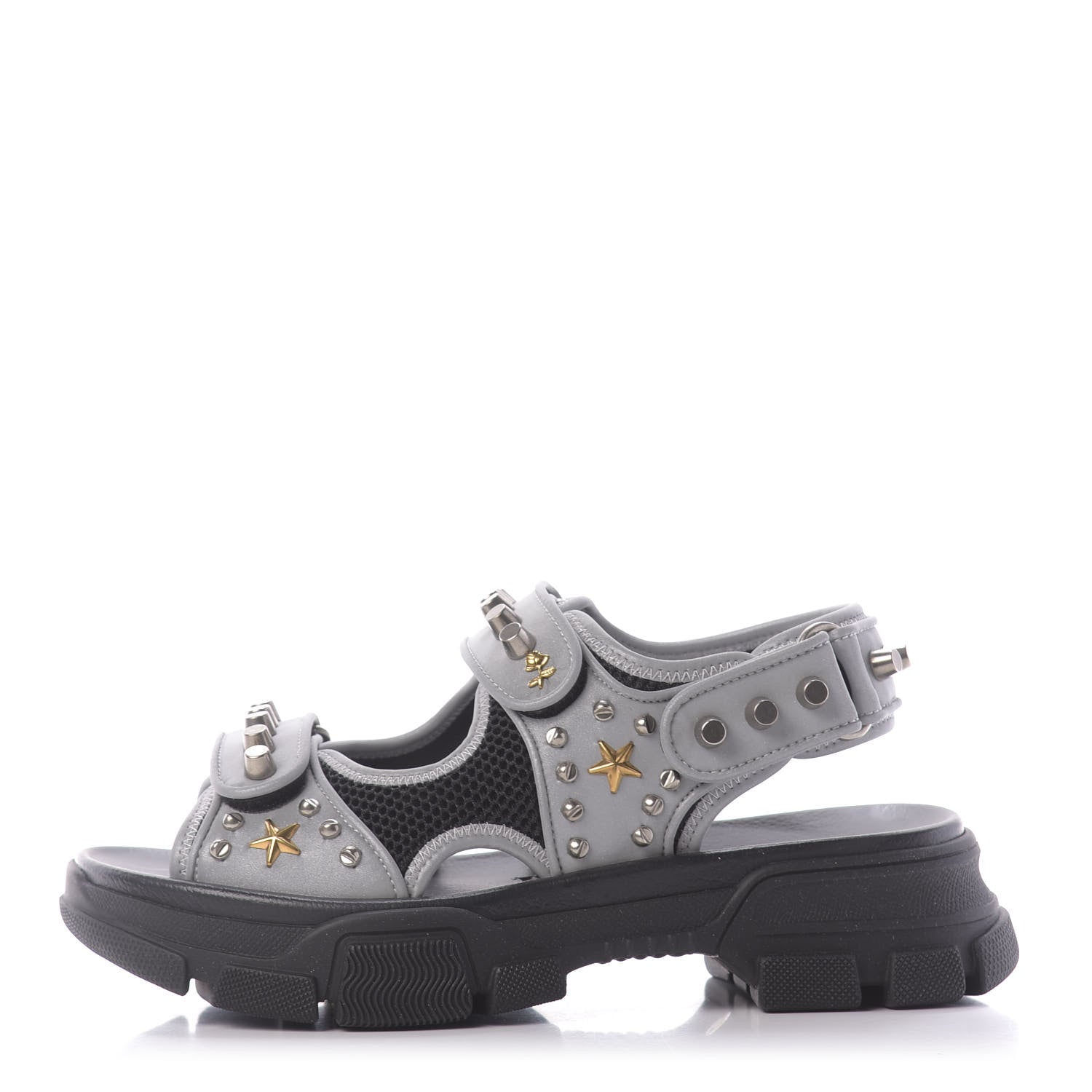 Gucci Technical Canvas Calfskin Reflective Studded Mens Aguru Sandals 6 Silver Black 1 of 9