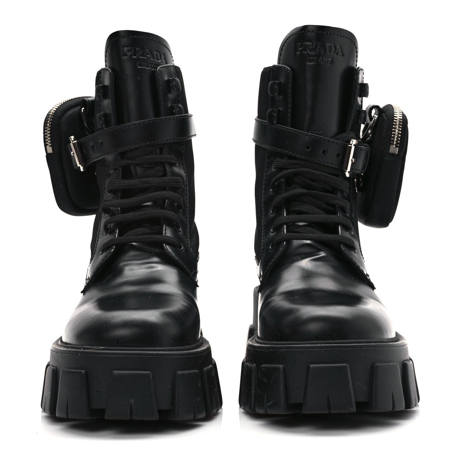 Prada Spazzolato Rois Nylon Metal Triangle Logo Monolith Pouch Pocket 55mm Boots 39.5 Black 2 of 8