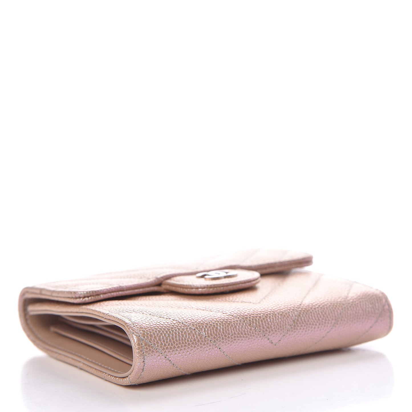 Metallic Caviar Chevron Quilted Compact Flap Wallet Light Gold