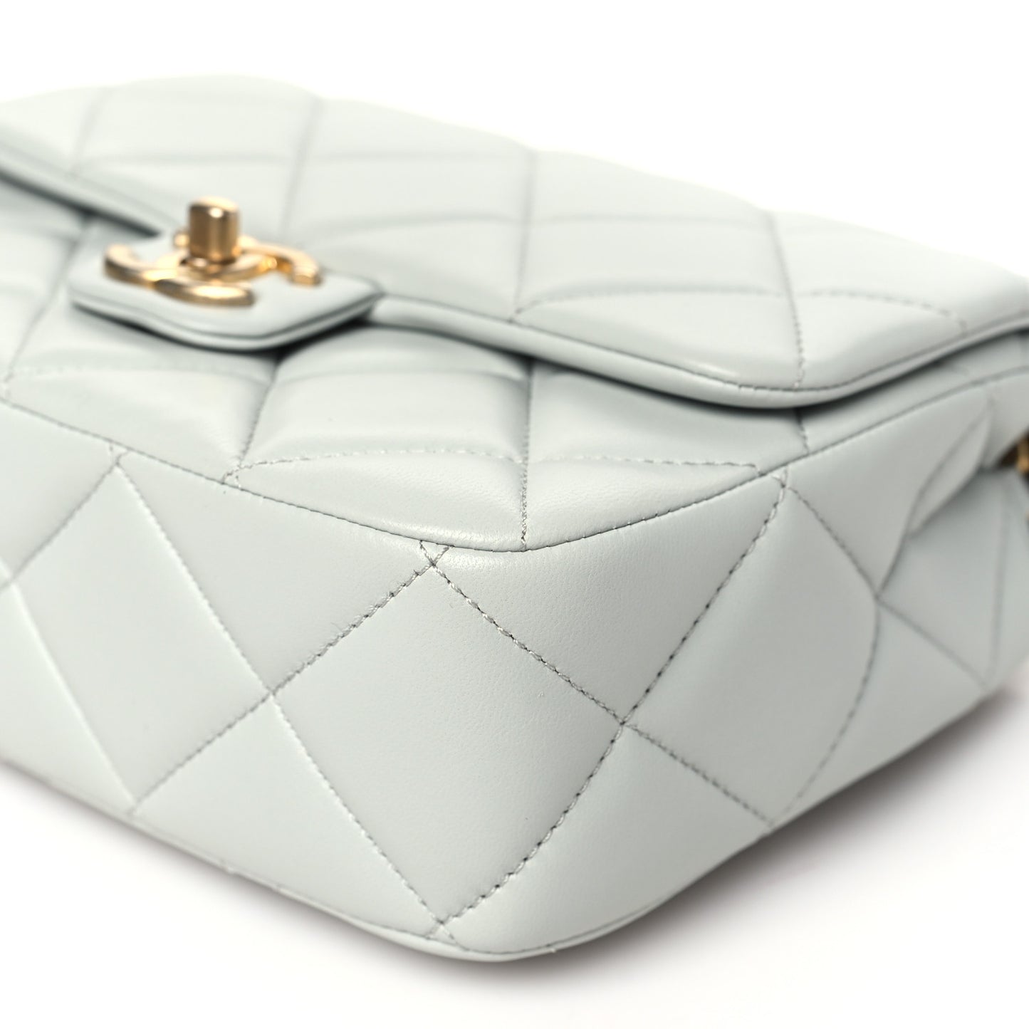 Lambskin Enamel Pearl Quilted Mini Charm Me Square Flap Light Blue