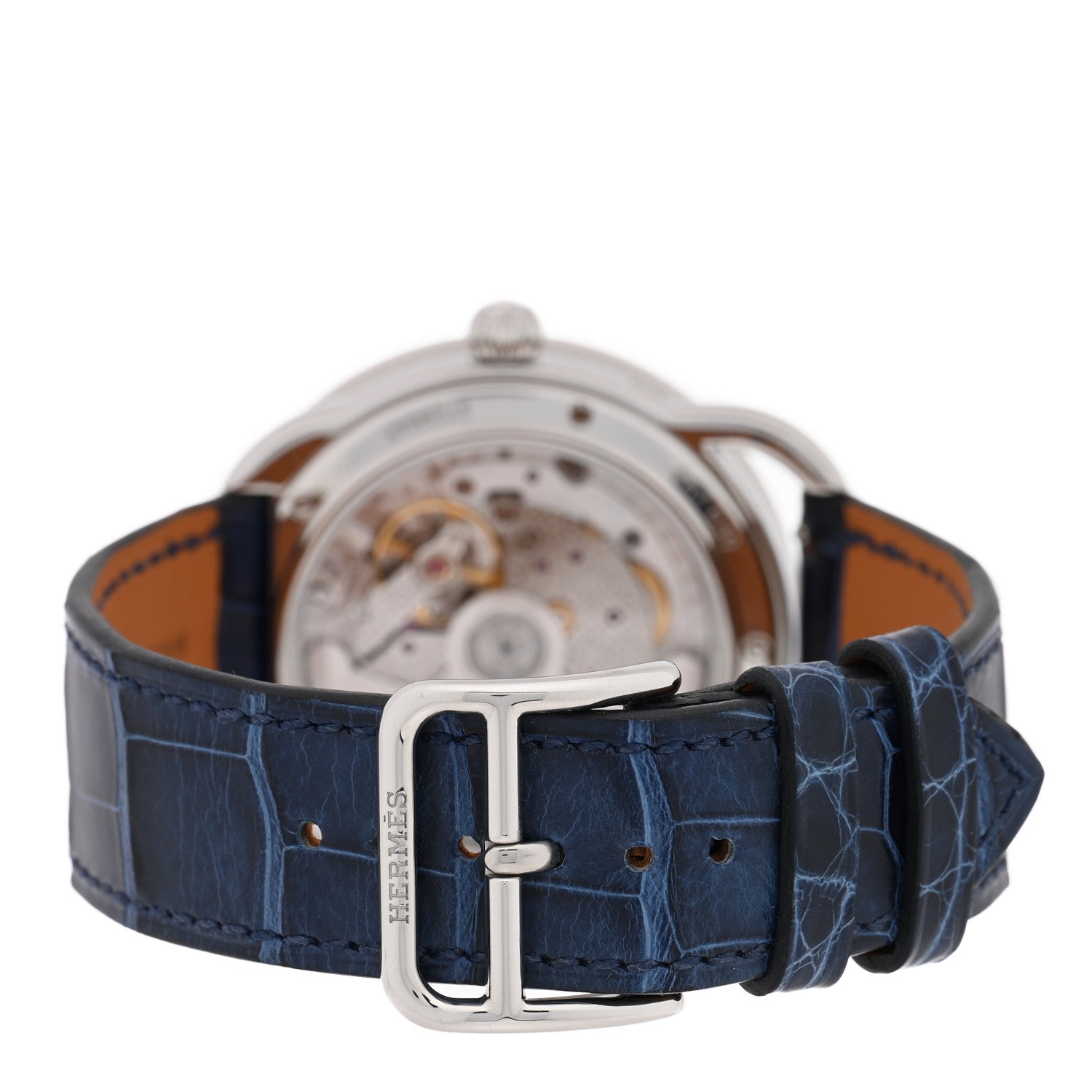 Hermes Stainless Steel Alligator Diamond Bezel Blue Mother of Pearl 38mm Arceau Petite Lune Automatic Watch Bleu Saphir 3 of 5
