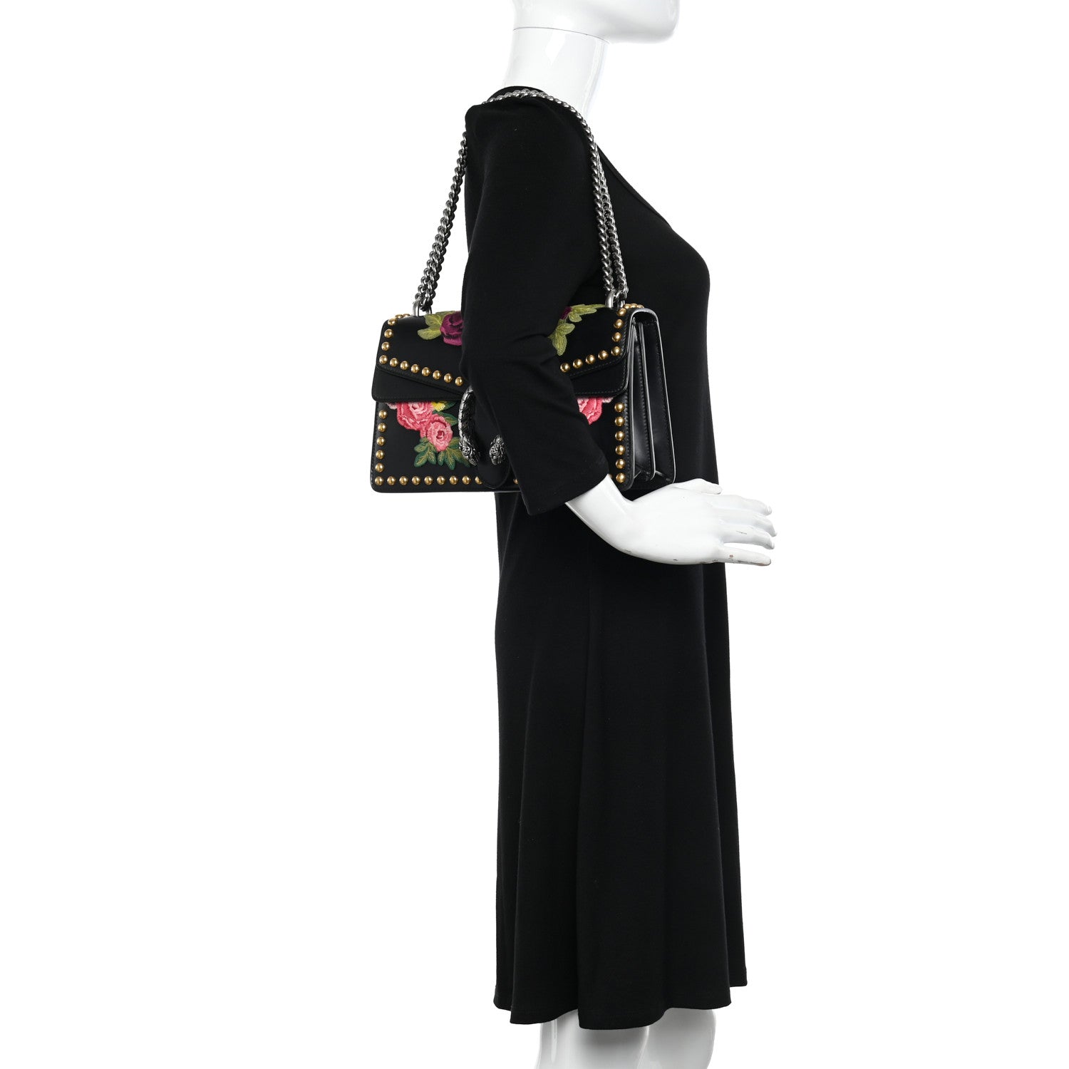 Gucci Calfskin Floral Embroidered Studded Small Dionysus Shoulder Bag Black 2 of 9