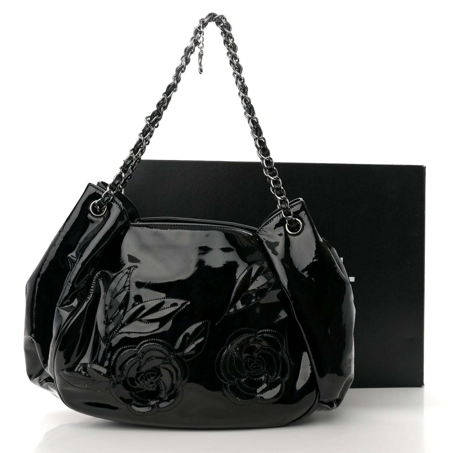 Patent Camellia Shoulder Bag Black
