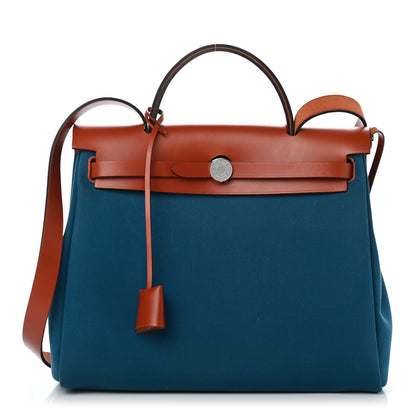 Hermes Military Toile Vache Hunter Herbag Zip Retourne 31 PM Bleu Outremer Cuivre 3 of 10