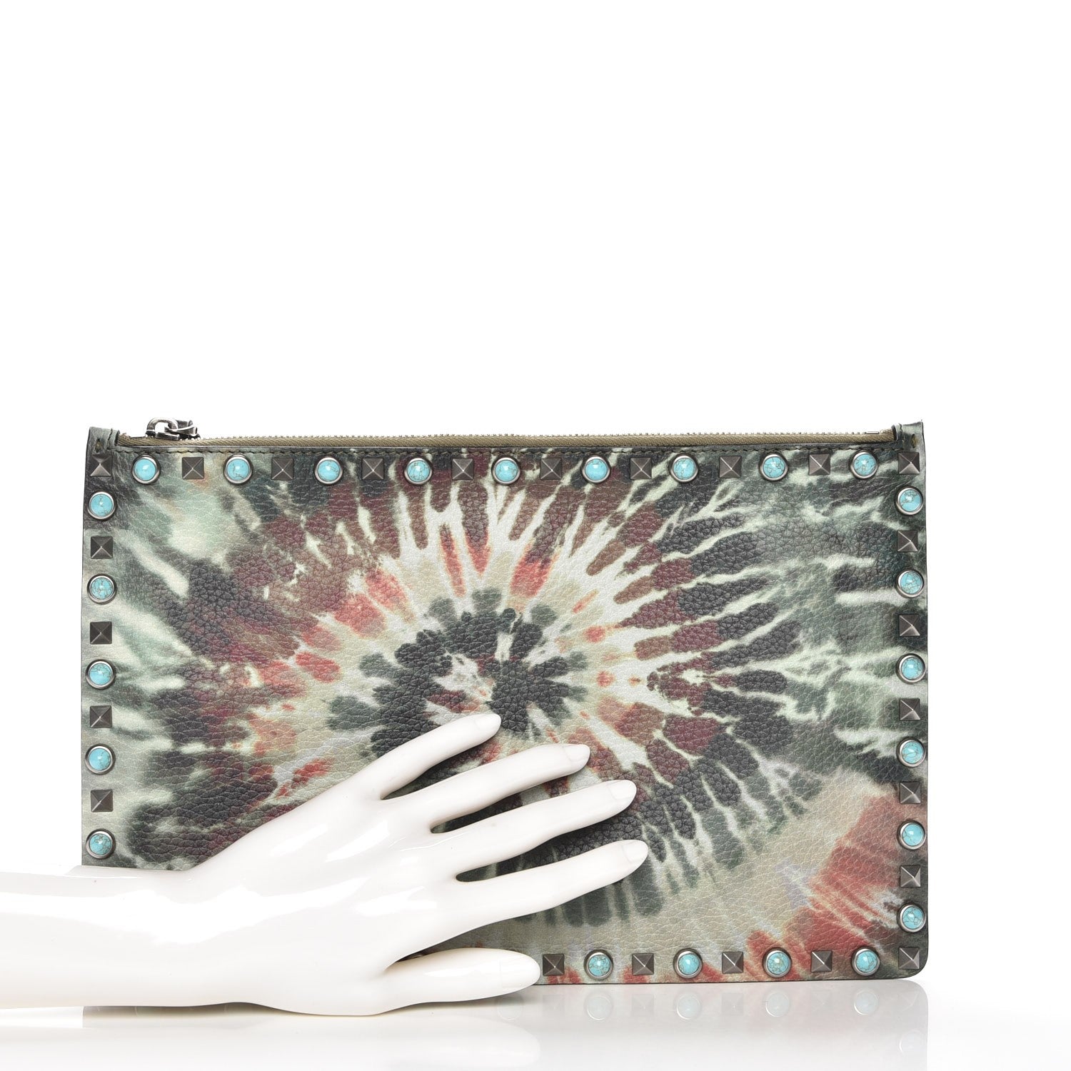 Valentino Garavani Pebbled Calfskin Tie Dye Large Rockstud Rolling Zip Pouch Deep Army Green 2 of 7