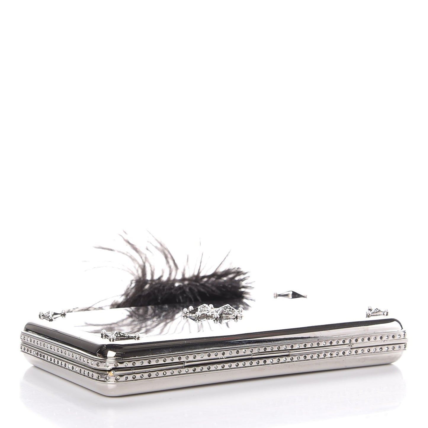 Metallic Feather Embellished Bird Knuckle Clutch Silver