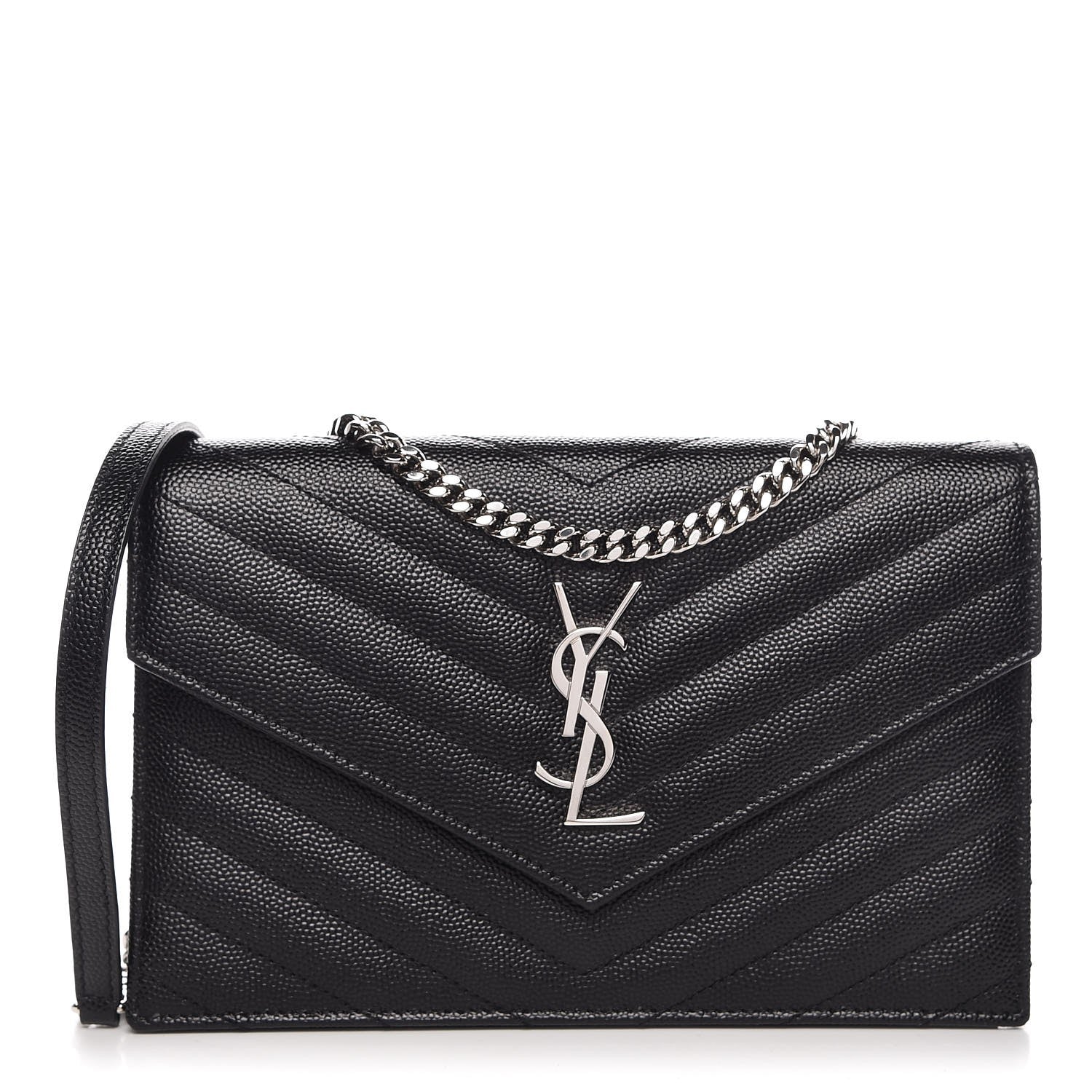 Saint Laurent Grain De Poudre Matelasse Chevron Monogram Envelope Chain Wallet Black 1 of 8
