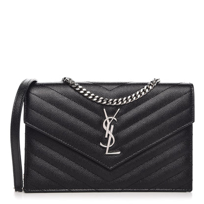 Saint Laurent Grain De Poudre Matelasse Chevron Monogram Envelope Chain Wallet Black 1 of 8
