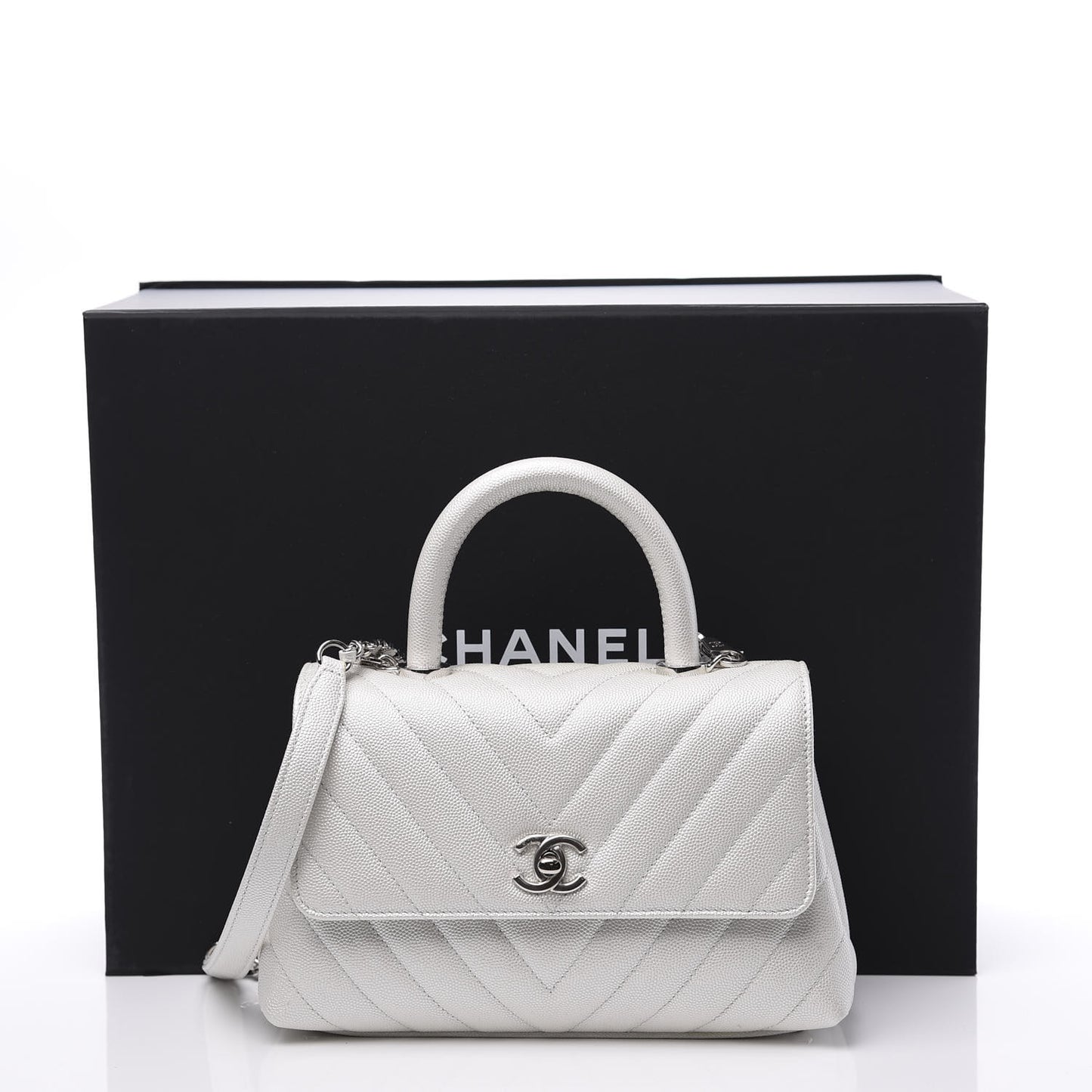 Iridescent Caviar Chevron Quilted Mini Coco Handle Flap White
