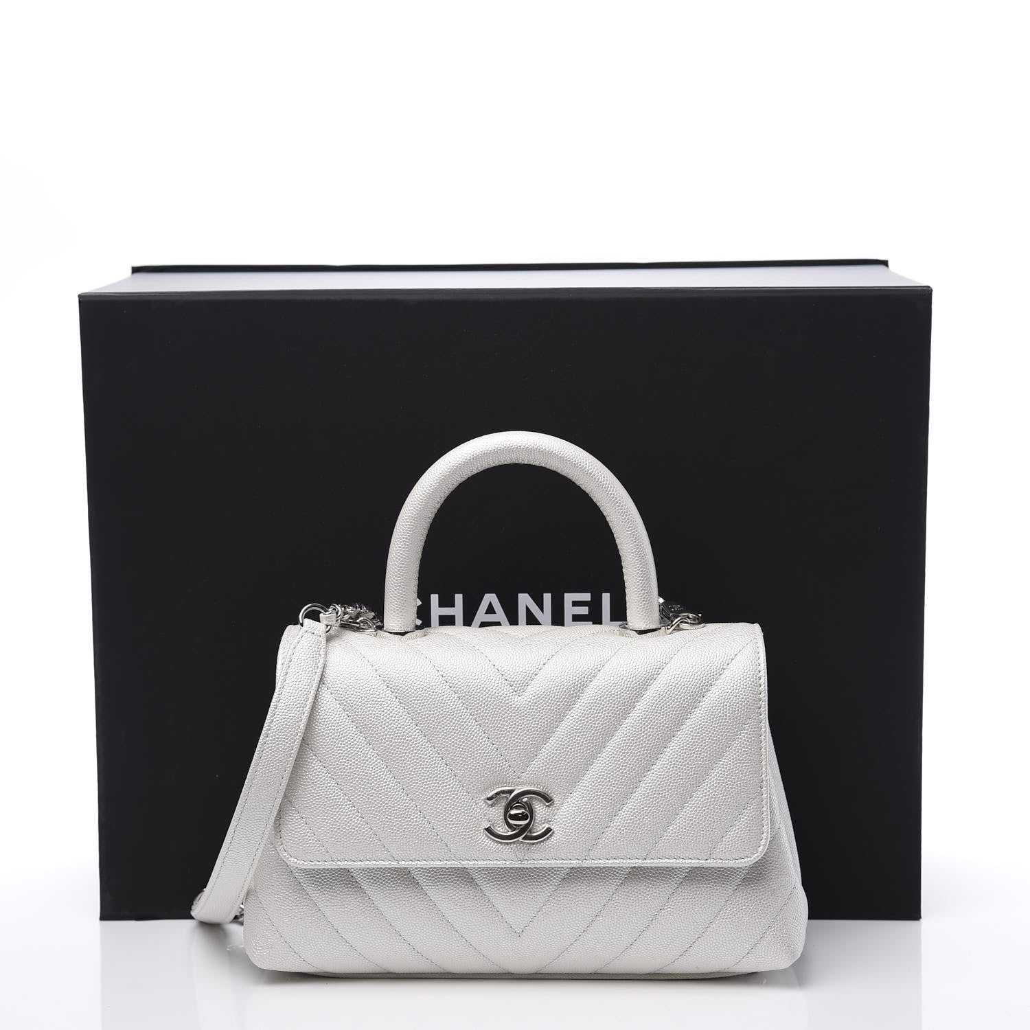 Chanel Iridescent Caviar Chevron Quilted Mini Coco Handle Flap White 10 of 10