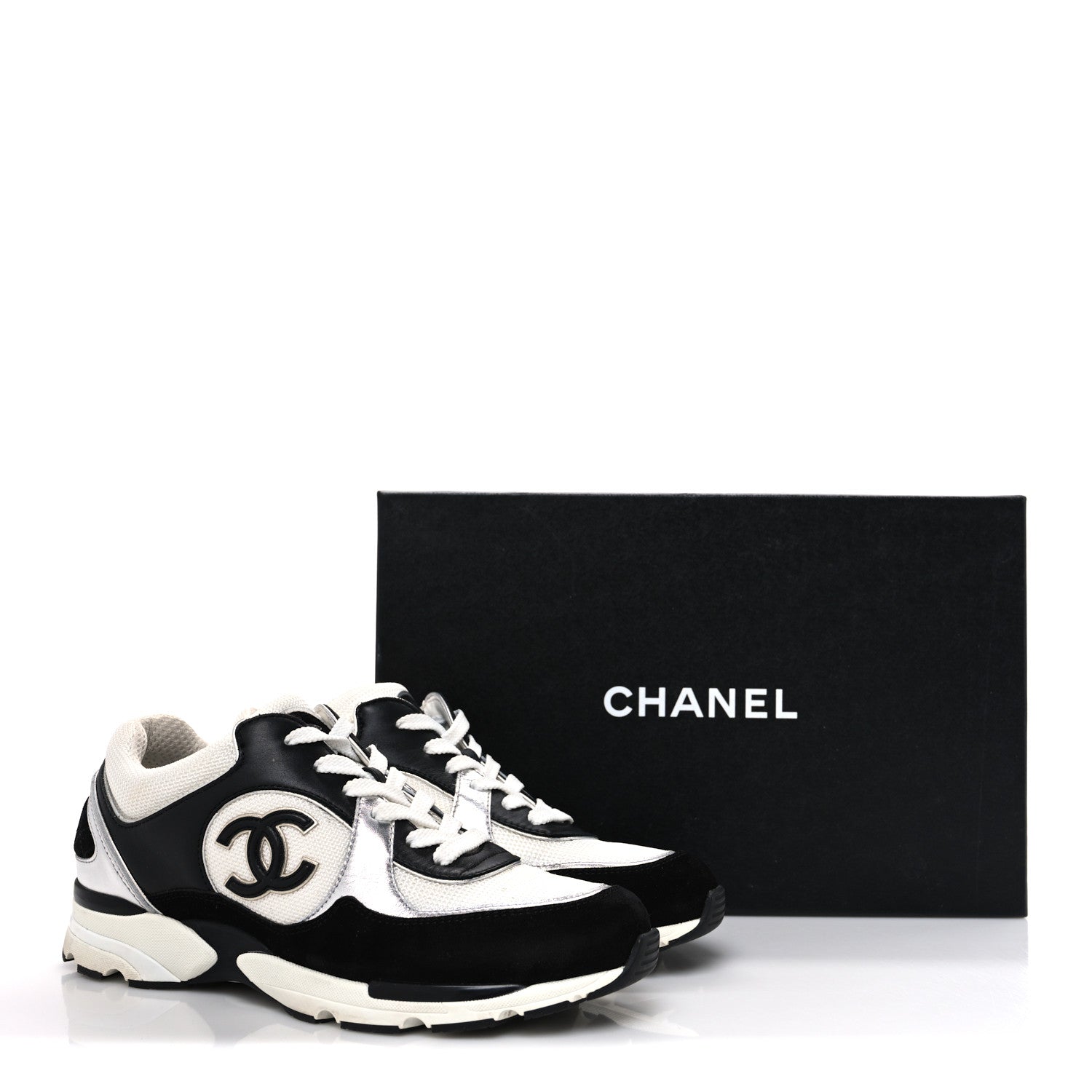 Chanel Mesh Suede Calfskin Grained Calfskin Womens CC Sneakers 39 Black White Silver 11 of 11
