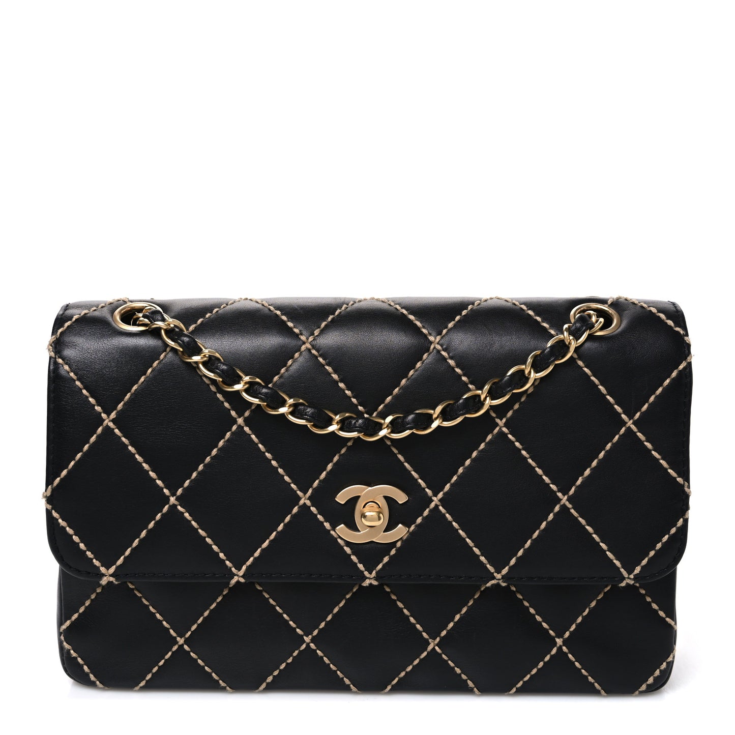 Calfskin Quilted Medium Wild Stitch Flap Black