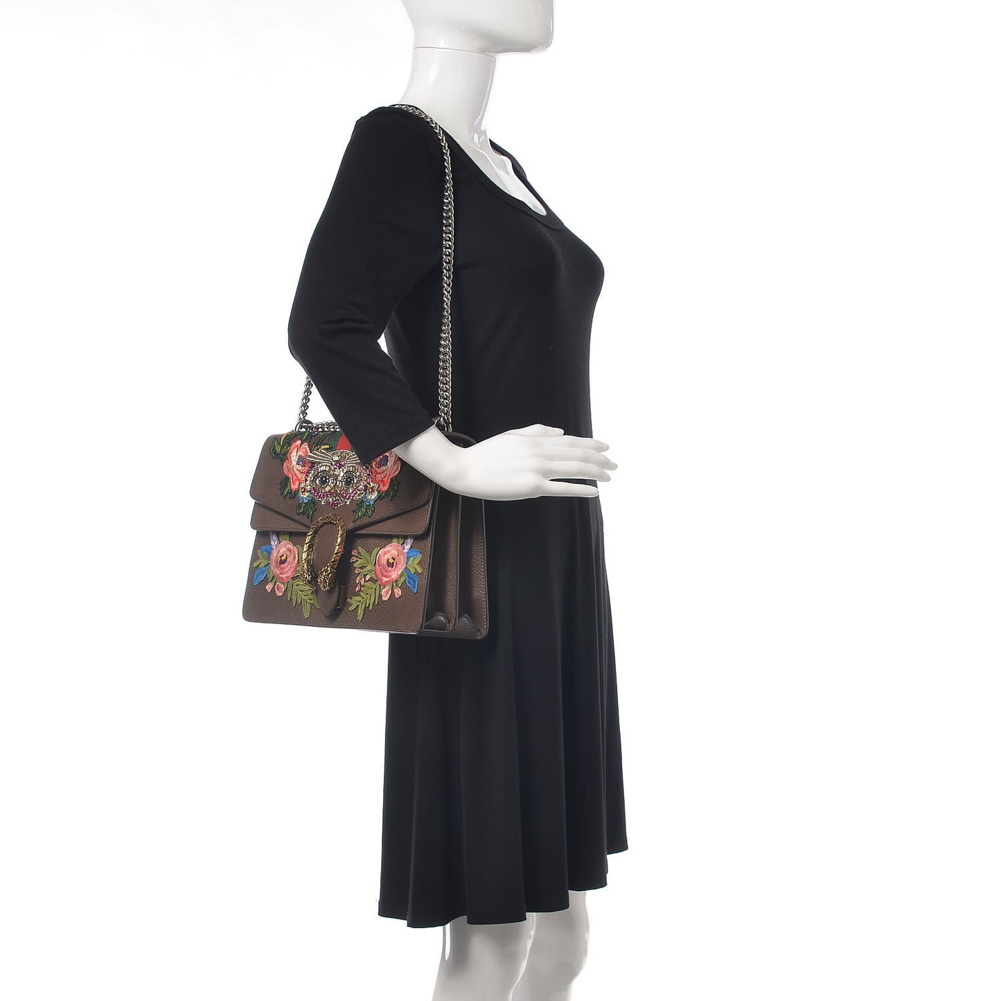 Calfskin Web Owl Embroidered Medium Dionysus Shoulder Bag New Acero Multicolor