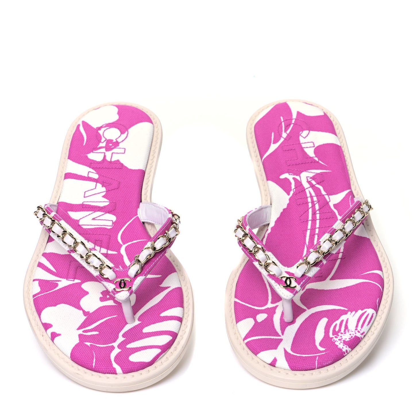 Cotton Lambskin CC Chain Thong Sandals 36 Pink Ecru