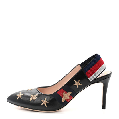 Gucci Malaga Kid Web Bee Star Embroidered Sylvie High Heel Slingback Pumps 38 Black 1 of 8