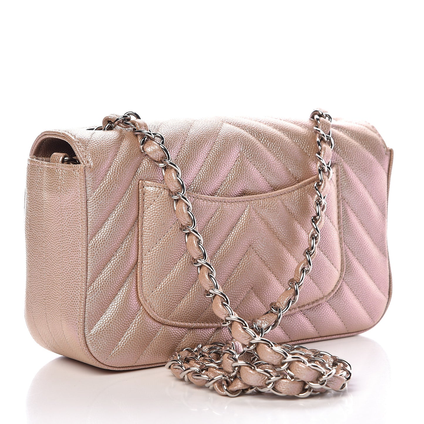 Iridescent Caviar Chevron Quilted Mini Rectangular Flap Light Gold