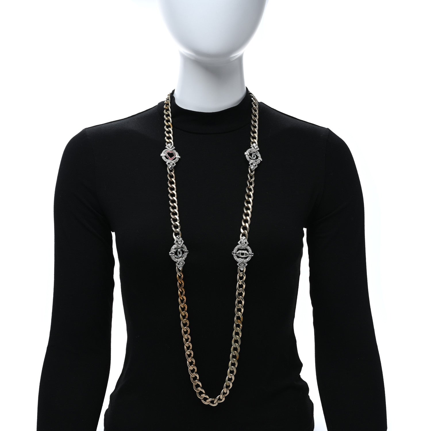 Chanel Crystal Eye Heart CC Chain Necklace Gold Gold Green Pink Blue 3 of 5