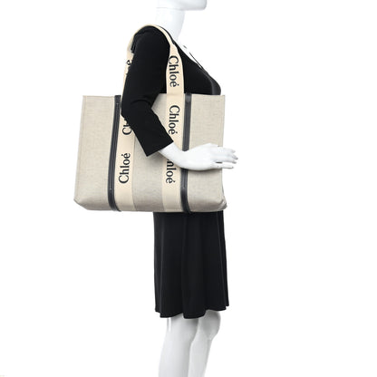 Chloe Cotton Calfskin Large Woody Ribbon Tote White Black 2 of 14